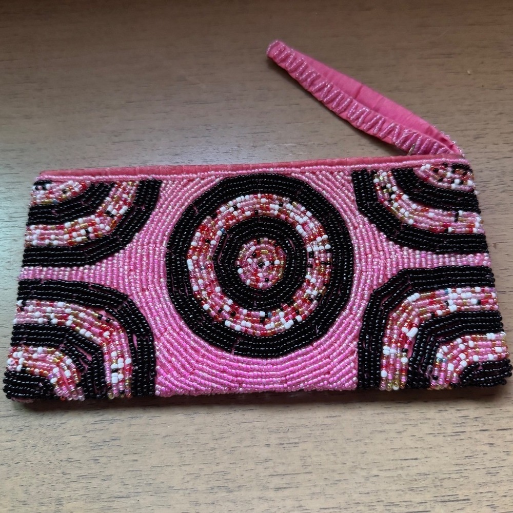 Pink Black Geometric Beaded Wristlet Pouch Zippered Clutch Bag Small Handbag